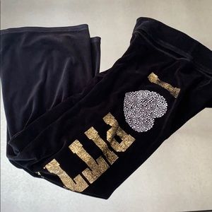 PINK Victoria's Secret Black Velour Pants with Gold Logo and Silver Heart